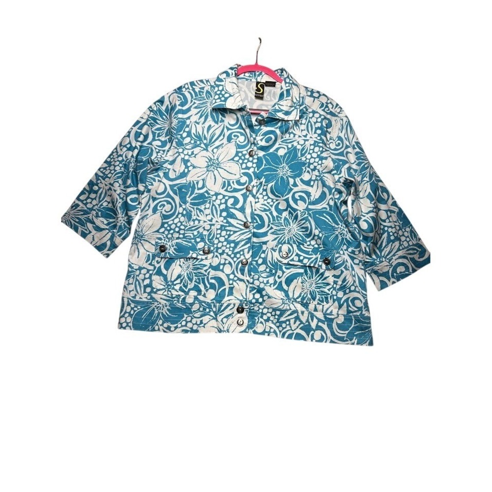 Sportelle Womens 2X Teal White Floral Tropical Button Front Jacket Cotton